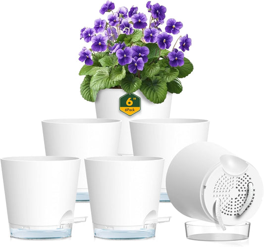 6 inch Self Watering Pots for Indoor Outdoor Plants, 6 Pack Flower Plant Pots with Drainage Holes