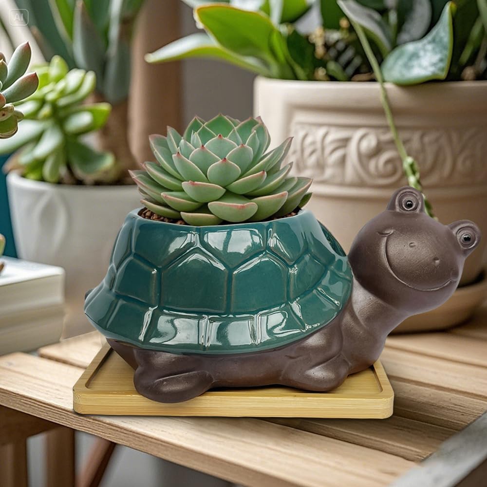 MUZHI Ceramic Bonsai Pot with Bamboo Tray SmilingTurtle Shape, Cute Animal Succulent Cactus Planter