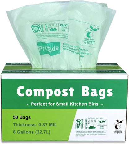 Primode Compostable Bags 6 Gallon Food Scraps Yard Waste Bags, 50 Count, Extra Thick 0.87 Mil.