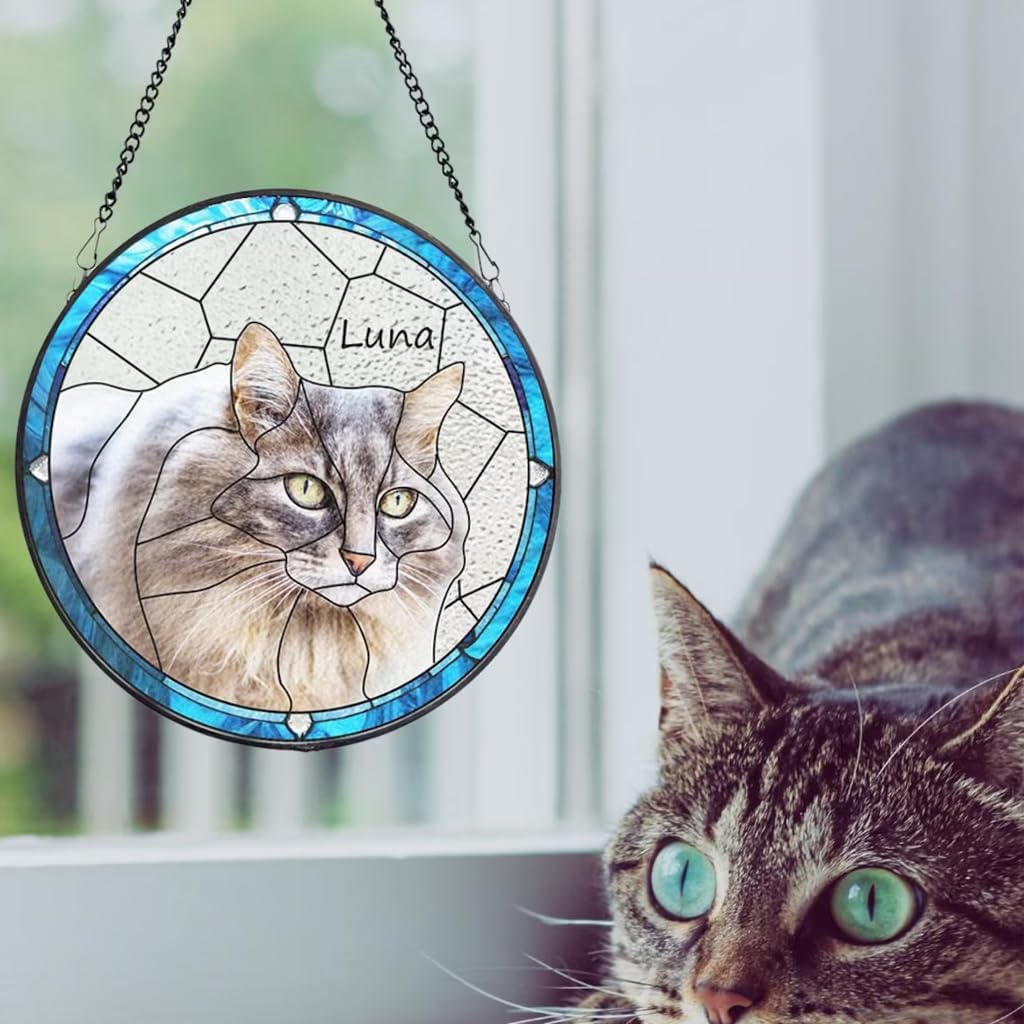 Custom Cat Portrait Stained Glass Window Hanging Light Catcher, Pet Memorial Stained Glass Photo