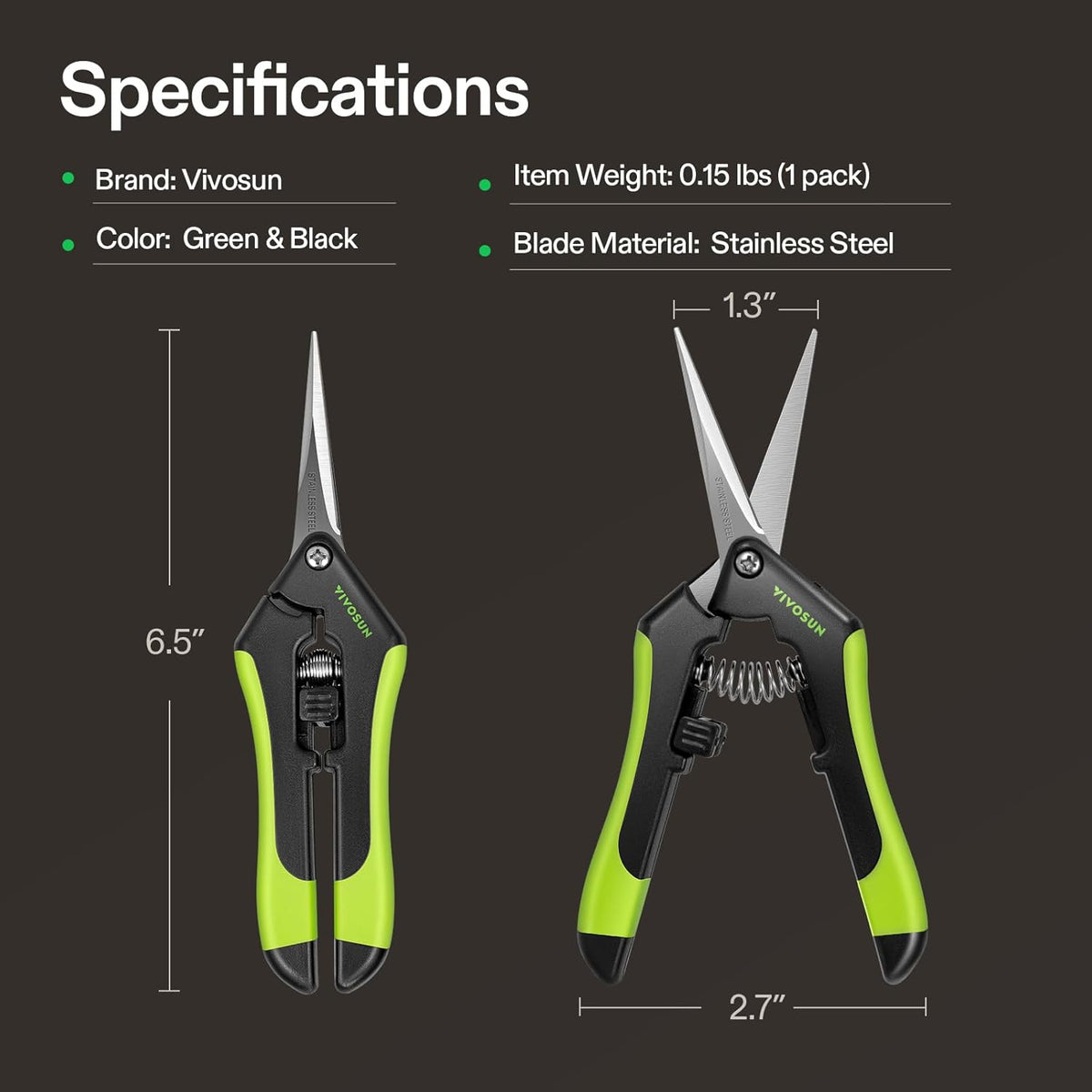 VIVOSUN Gardening Scissors, 6.5 Inch Hand Pruner, Pruning Shear with Straight Stainless Steel