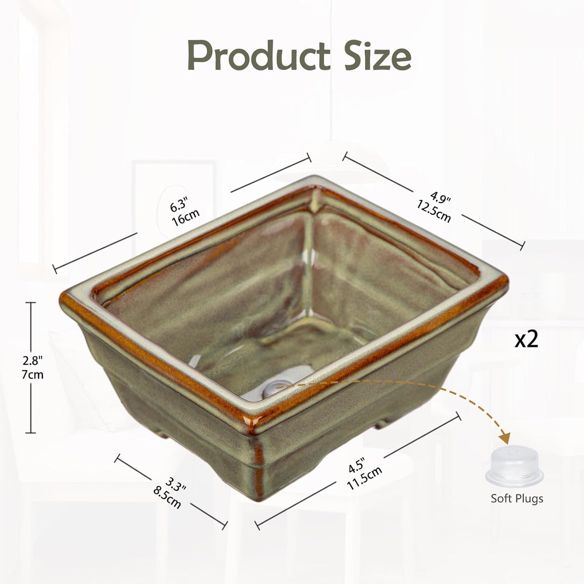 Ceramic Bonsai Pots with Drainage Hole, Set of 2 Rectangular Glazed Bonsai Planters for