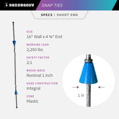16" x 4 ¾" Standard Snap Ties for Concrete Forms (Short End) - 1" Plastic Cones, Integral Heads