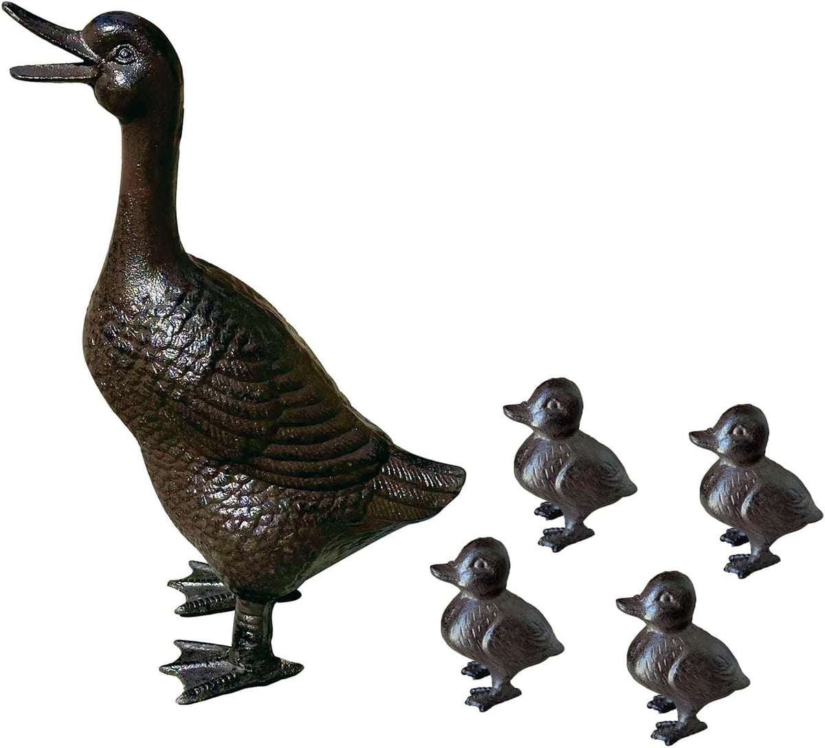 Vintage Cast Iron Duck Family Garden Statue, Rust Brown Mother Duck（15.7" Tall） with 4