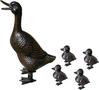 Vintage Cast Iron Duck Family Garden Statue, Rust Brown Mother Duck（15.7" Tall） with 4