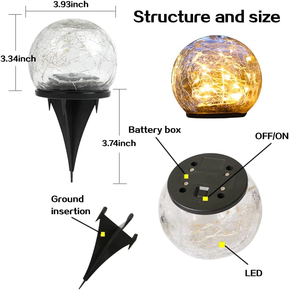 TOMEX 4 Pack Solar Garden Lights, Cracked Glass Ball Waterproof Warm White LED for Outdoor Decor