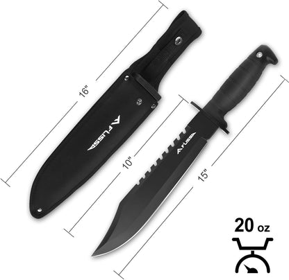 FLISSA Survival Hunting Knife with Sheath, 15-inch Full Tang Fixed Blade Tactical Bowie Knife with