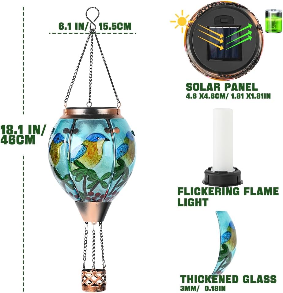 Hot Air Balloon Solar Lantern - Bluebird Glass Lantern, Simulated Flickering & Dancing Flame