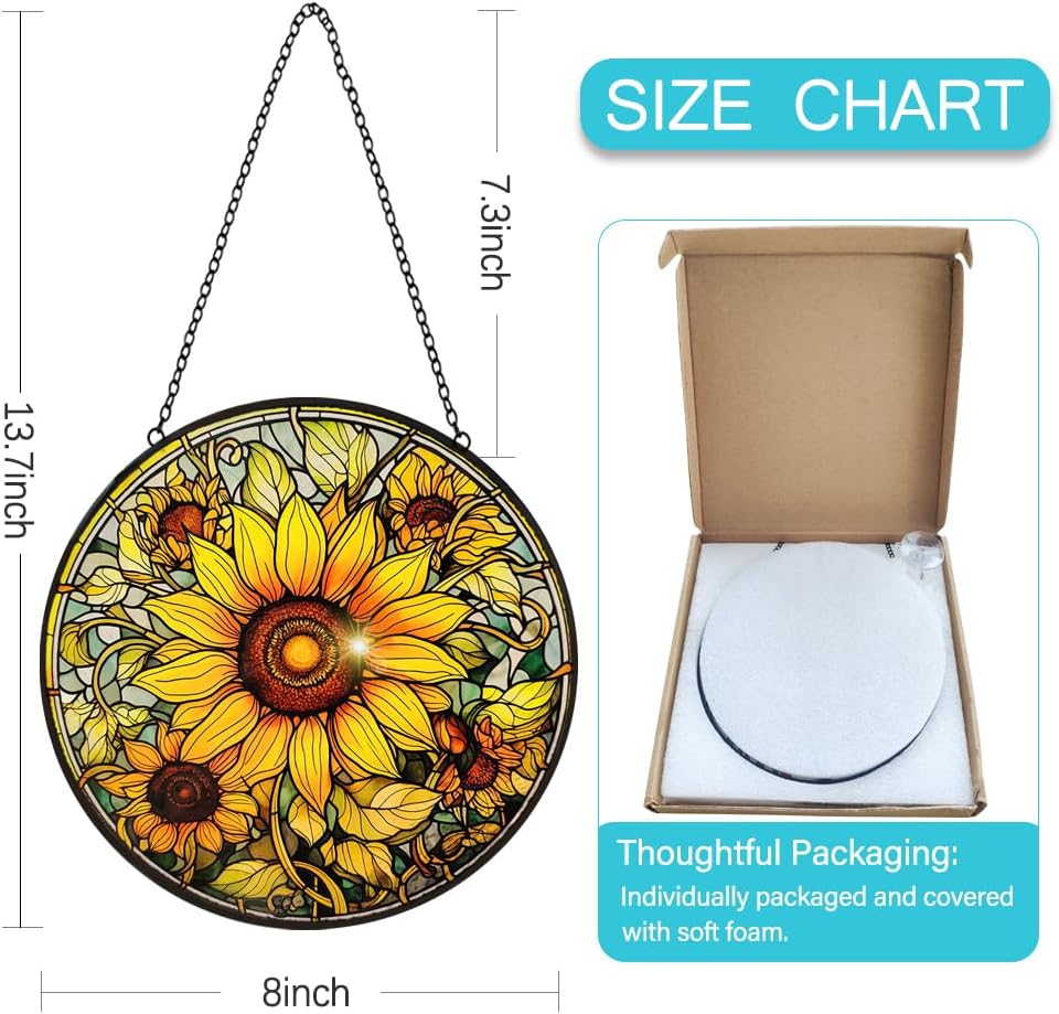Sunflower Suncatcher Stained Glass Window Hanging Ornaments - 8” Handmade Sun Catchers Indoor
