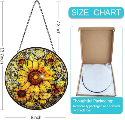 Sunflower Suncatcher Stained Glass Window Hanging Ornaments - 8” Handmade Sun Catchers Indoor