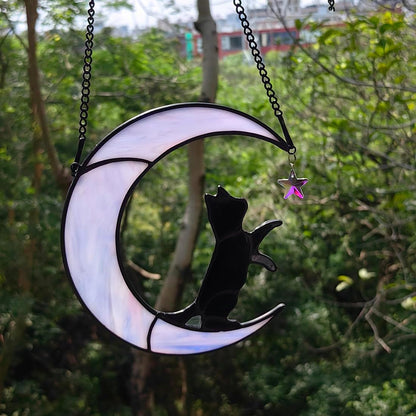 Black Cat Suncatcher for Stained Glass Windows Hanging,6.7“x6.1 Handmade Stained Glass Cat Gifts
