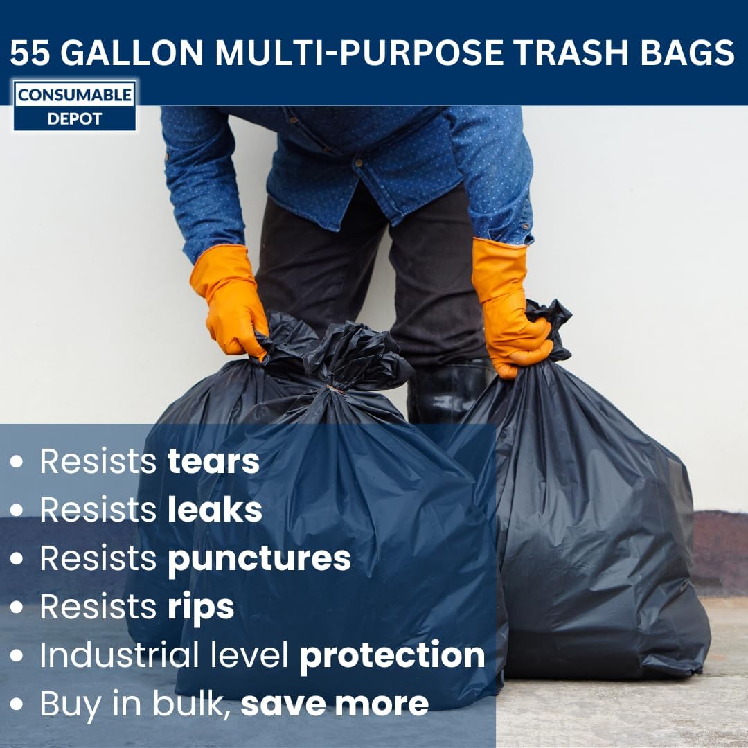 55 Gal Trash Bags | 150 Count | 36" X 60" Black Extra-Large Garbage Bags for Big Jobs