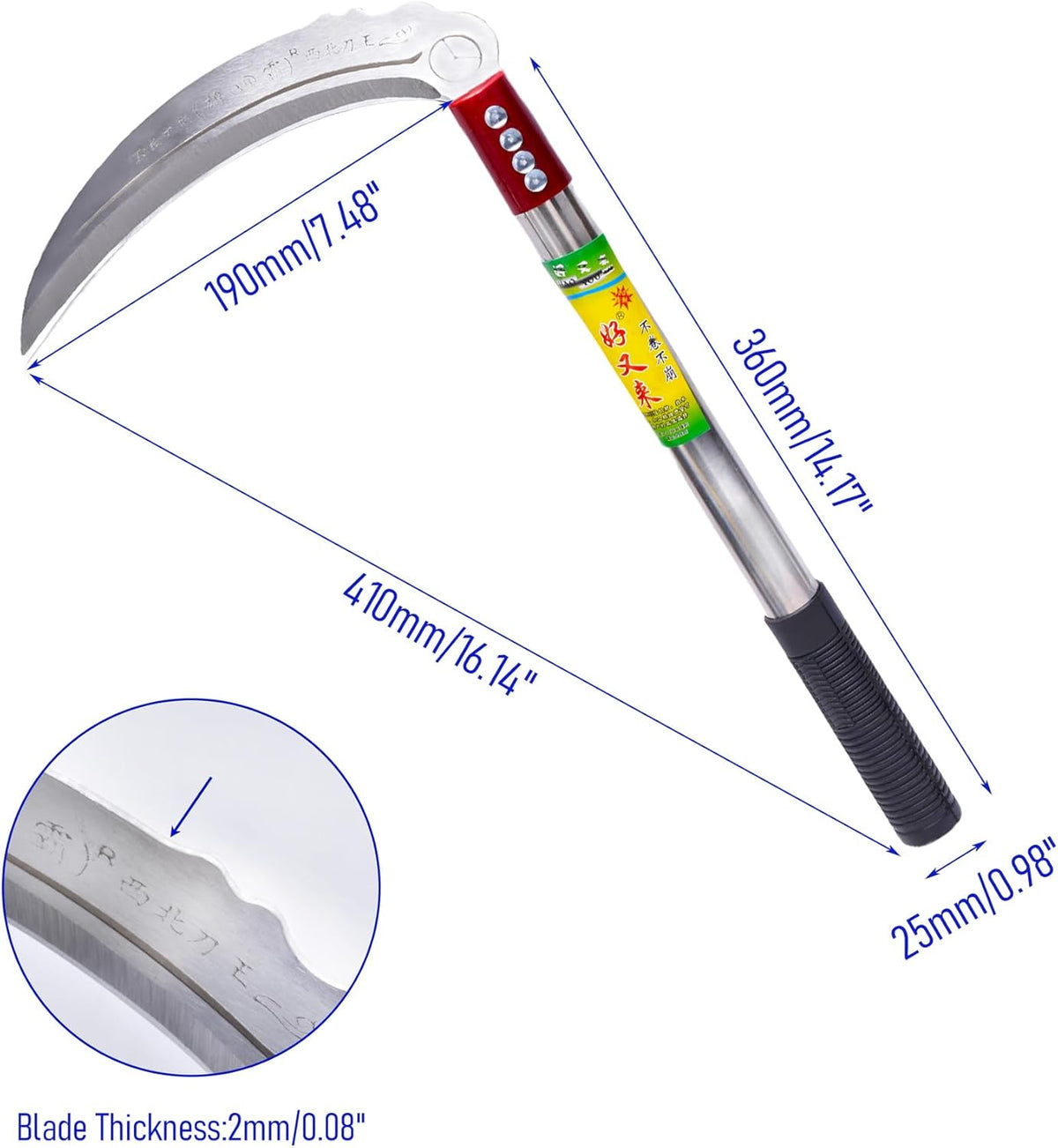 1pce 410mm/16.14in Stainless Steel Billhook Brush Clearing Sickle for Grass,Weeding Tools for