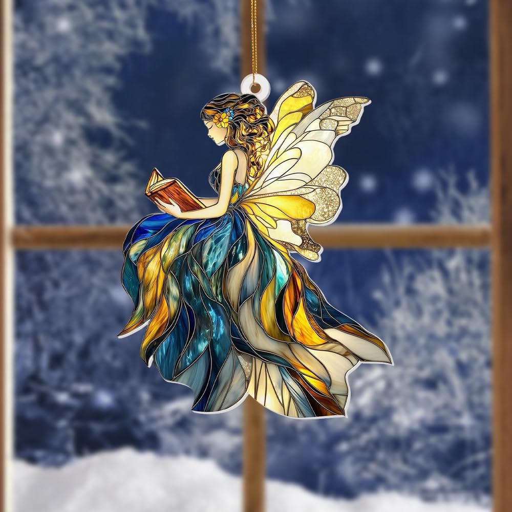Reading Fairy Book Ornament – Stained Glass Style Acrylic Christmas Ornament, Book Lover Gift for