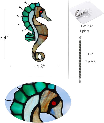 Seahorse Decor Stained Glass Window Hanging,Sea Nautical Gift Suncatcher Hanging Ocean Theme Decor