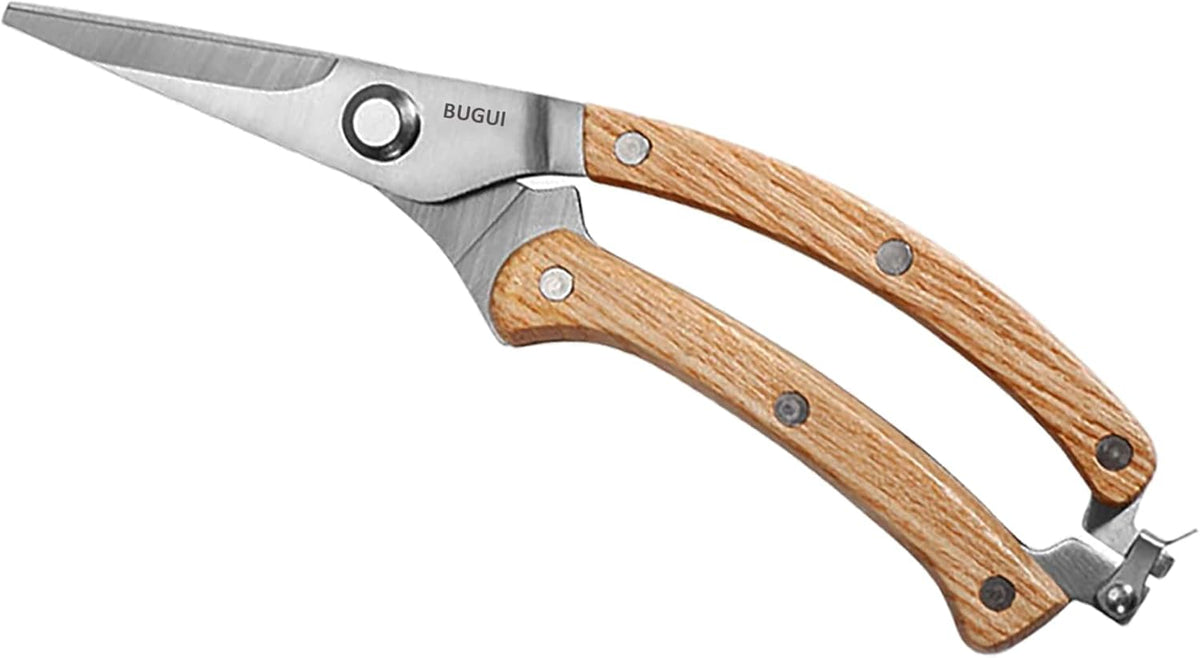 BUGUI Wood Handle Garden Shears, Long Straight Tip, All Steel Construction, Sharp, Well Designed