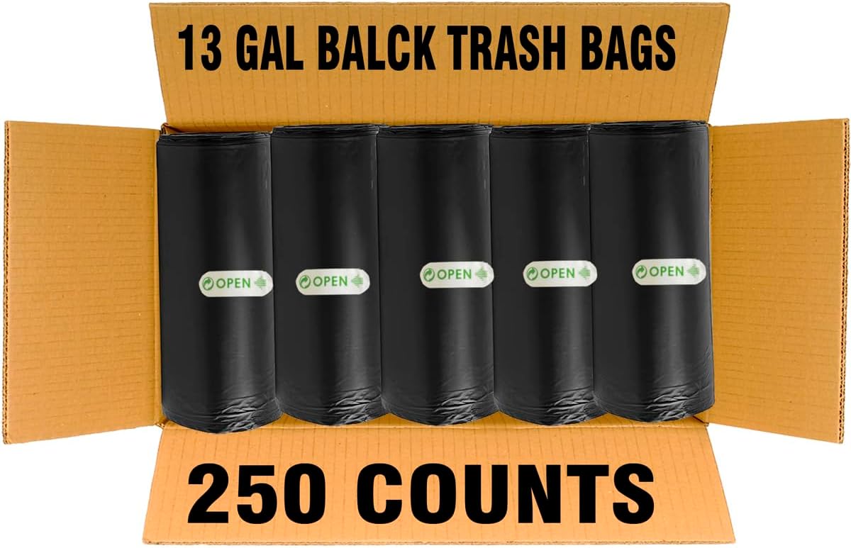 13 Gallon Trash Bags, 250 Count Black Tall Kitchen Garbage bags, Multi-purpose Trash Can Bin Liners