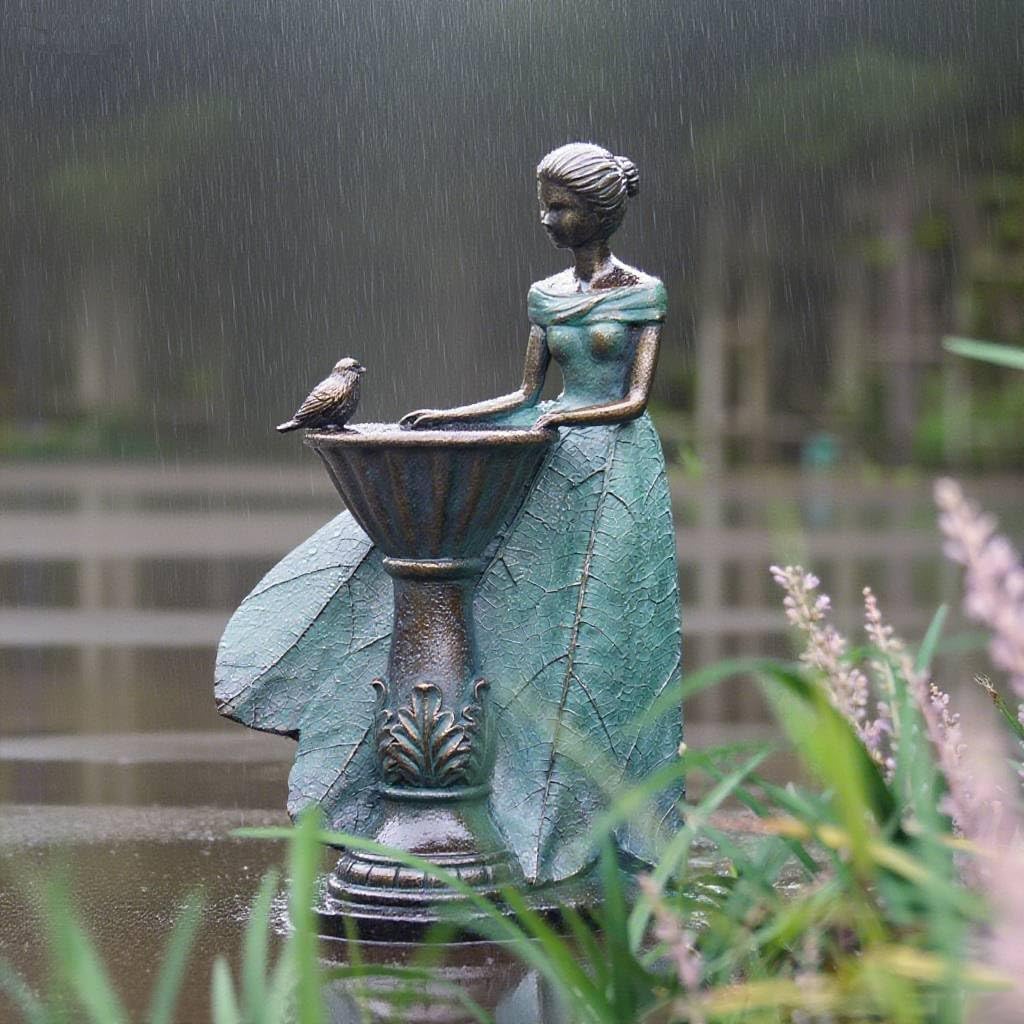 DiliComing Fairy Outdoor-Statues Garden-Decor with Solar - 12 Inch Resin Leaf Girls Birdbath