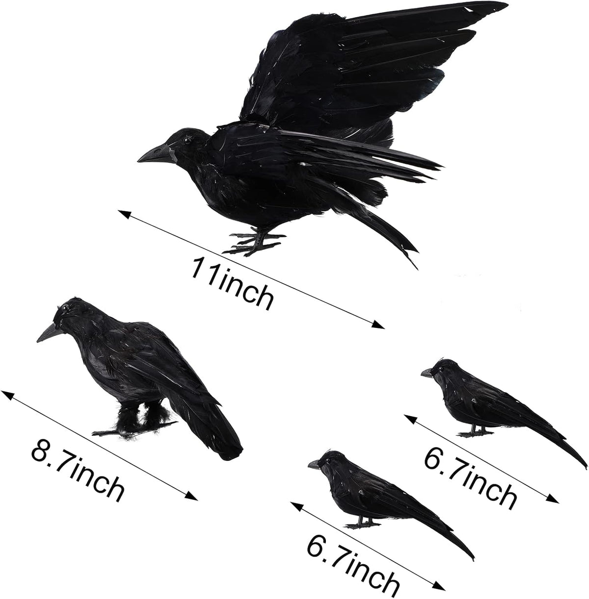 Yerliker 5 Pcs Halloween Black Feathered Crow and Skull Statue Set Handmade Realistic Crow Decor
