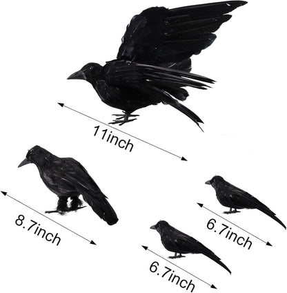 Yerliker 5 Pcs Halloween Black Feathered Crow and Skull Statue Set Handmade Realistic Crow Decor