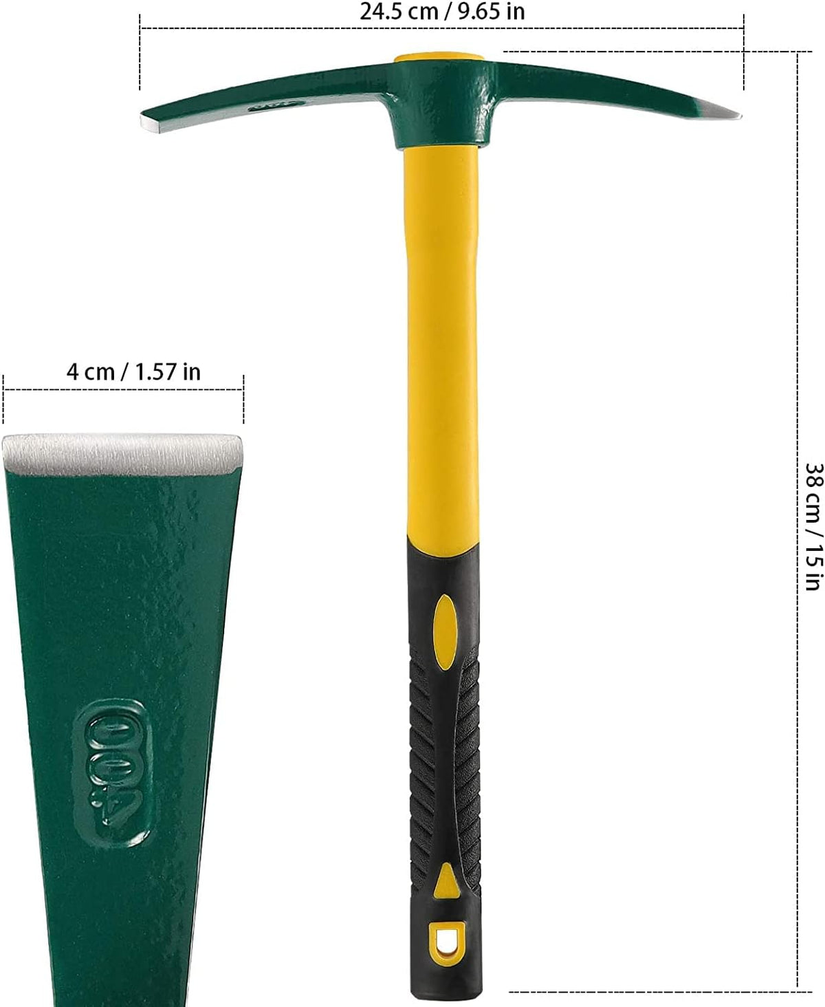 JEUIHAU 15 Inches Pick Mattock Hoe, Forged Adze Hoe with Plastic Coated Fiberglass Handle, 1.5 Lb