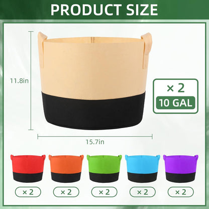 12 Pack Multicolor 10 Gallon Grow Bags - Fabric Plant Pots with Handles for Outdoor Garden and