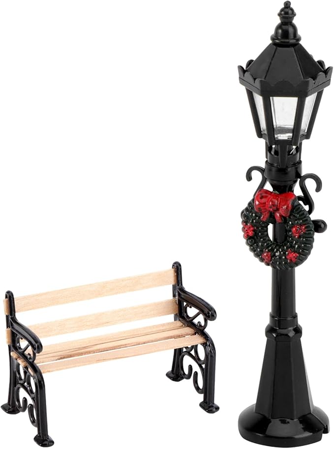 2pcs Christmas Street Lamp Post and Miniature Park Bench Seat Mini Street Light Model Dollhouse