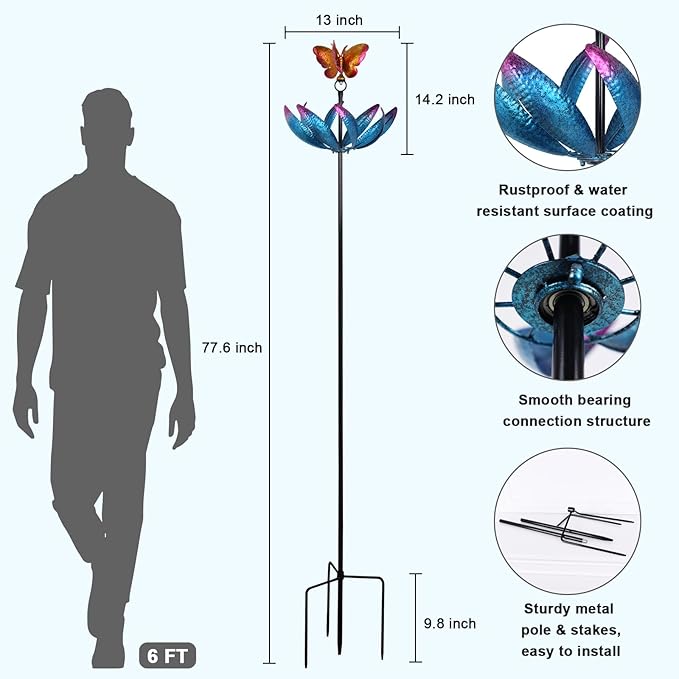 hogardeck Large Wind Spinners Outdoor, 77.6" Metal Butterfly Tulip Wind Spinner with Heavy-Duty