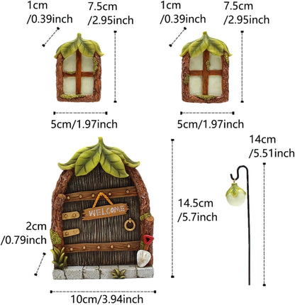 Fairy Door and Windows Garden Kit Accessories Outdoor, Glow in Dark Gnome House for Tree, Lawn Yard