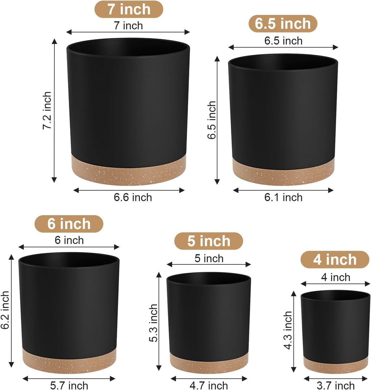 Plant Pots with Drainage Holes and Saucers – 7, 6.5, 6, 5, 4 Inch Plastic Planters for Indoor