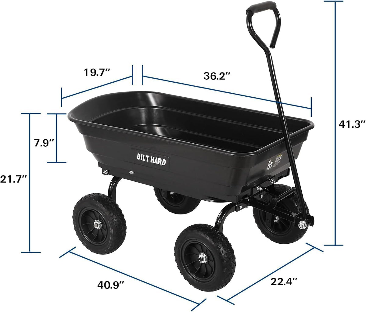 BILT HARD 4 Cu.Ft. 10" No-Flat Tires Poly Yard Dump Cart with 180° Rotating Handle, 600 lbs