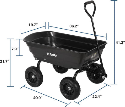 BILT HARD 4 Cu.Ft. 10" No-Flat Tires Poly Yard Dump Cart with 180° Rotating Handle, 600 lbs