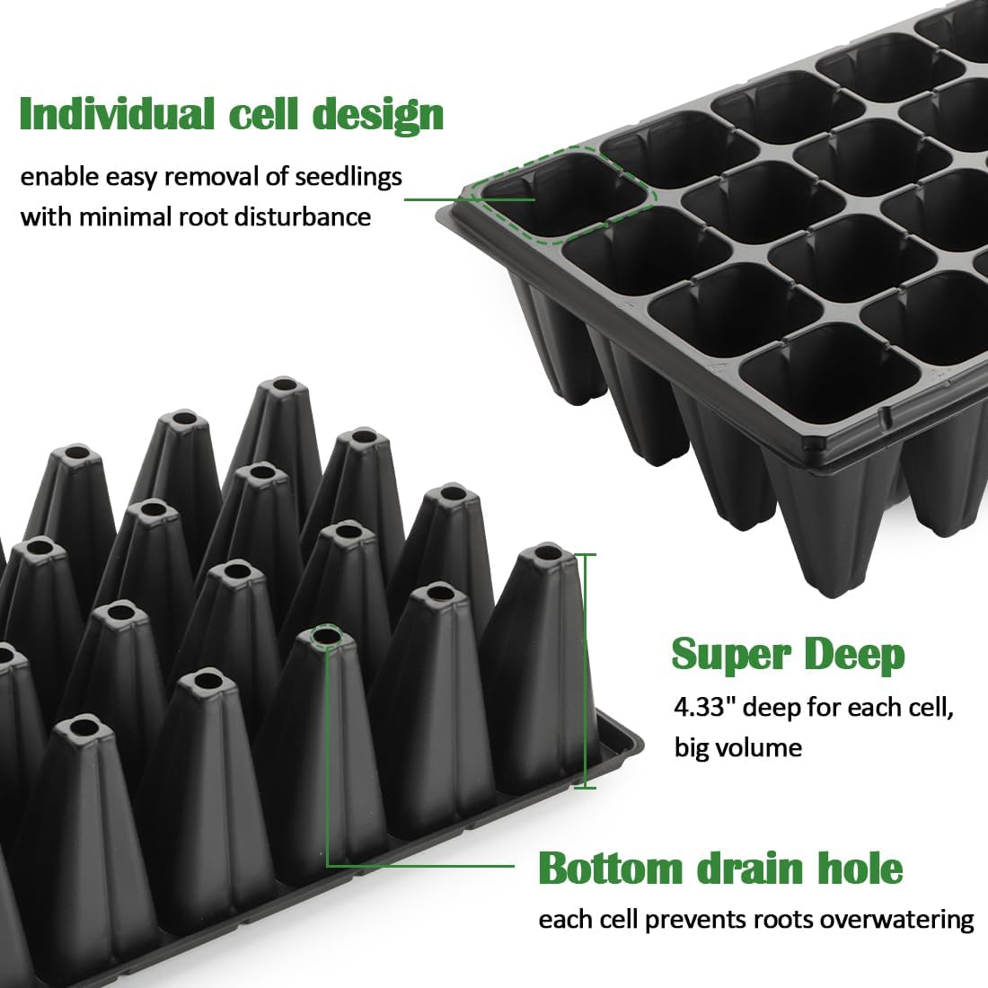 10 Pack 32 Cell Seed Starter Trays - Extra Deep 4.33" Plastic Nursery Trays, 20" x 10"，Fits