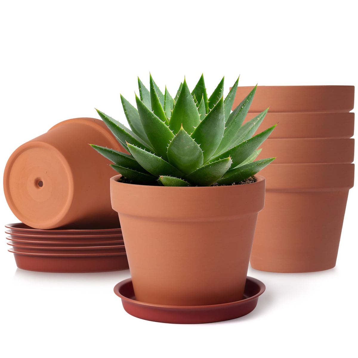 KOAMLY 6 PCS Clay pots and Plates, 5-inch red Clay pots with Drainage, Perfect for Indoor