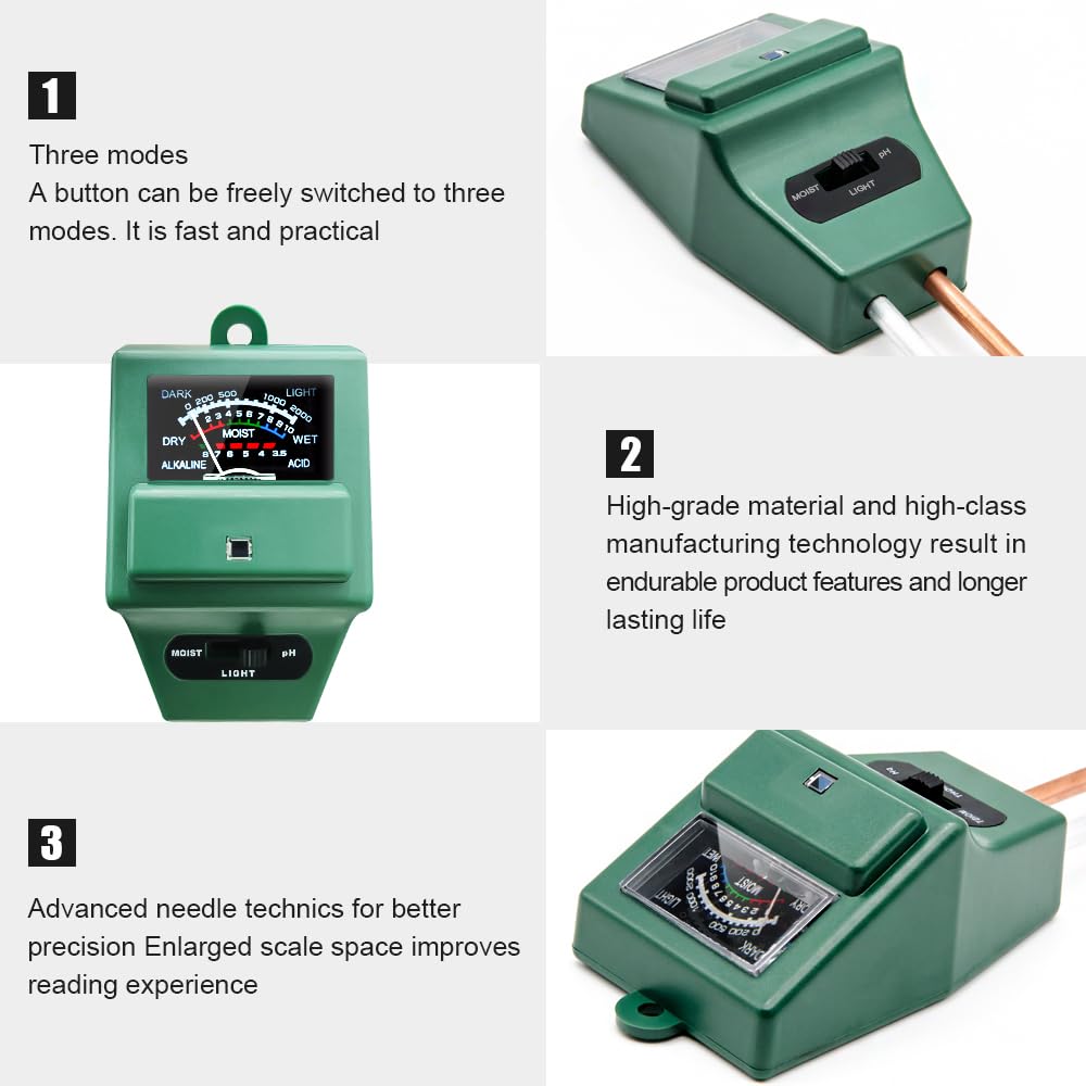 SONKIR Soil pH Meter, MS02 3-in-1 Soil Moisture/Light/pH Tester Gardening Tool Kits for Plant Care