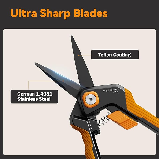 PrunePro Garden Scissors Pruning Shears Sharp Stainless Steel Non-Stick Teflon Coating Blade for