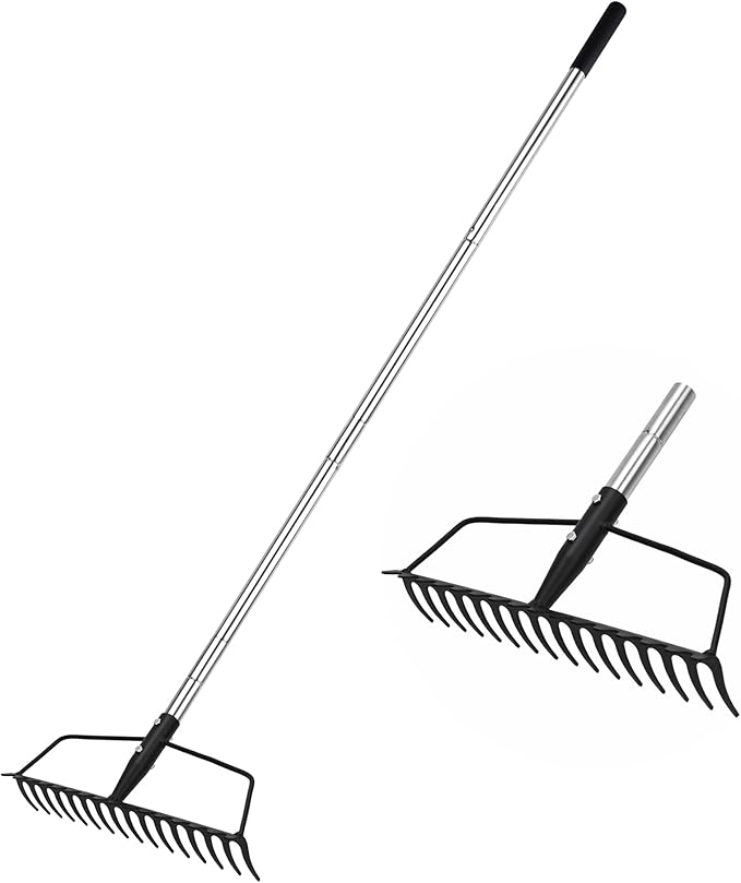Garden Rake, Metal Sturdy and Heavy Duty Metal Rake, 16-Tine Bow Rake with Adjustable Stainless