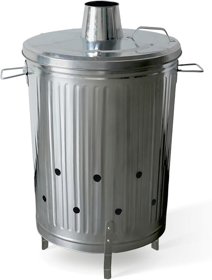 Plexon Metal Compost Bin Outdoor Burn Bin - Galvanized Trash Can with Lid Chimney and Vent Holes