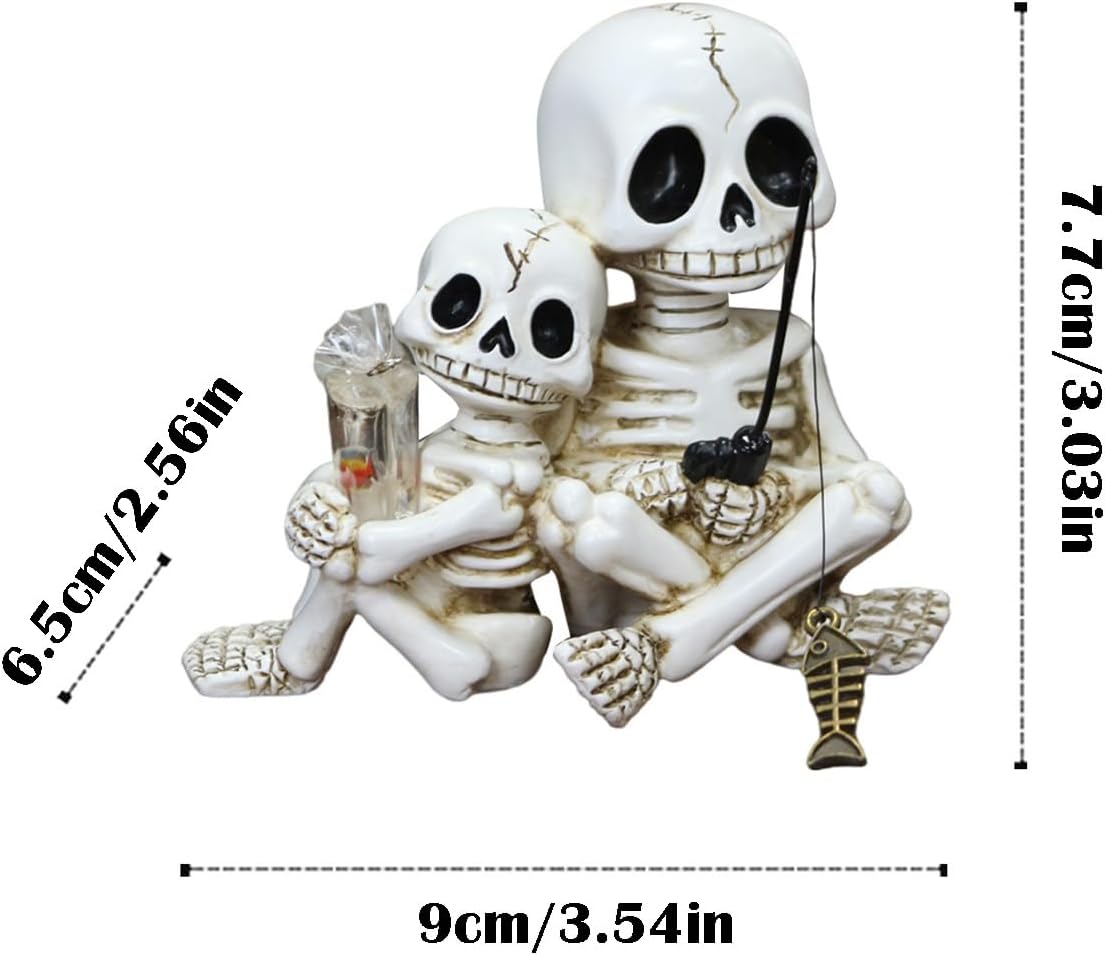 Fishing Skeleton Couple Statue Halloween Decorations, 3.54 Inch Funny Sitting Skull Figurine Shelf
