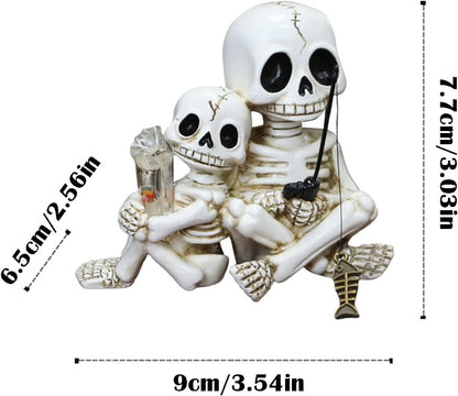 Fishing Skeleton Couple Statue Halloween Decorations, 3.54 Inch Funny Sitting Skull Figurine Shelf
