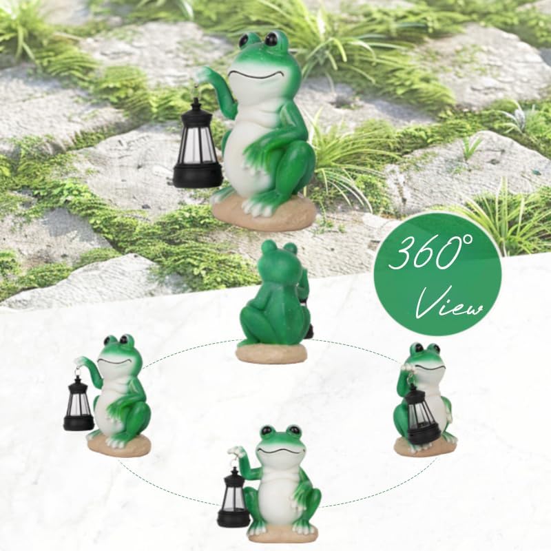 Frog Garden Statues with Solar Lantern, Outdoor Figurine Resin Sculpture Hanging Solar Power Lights