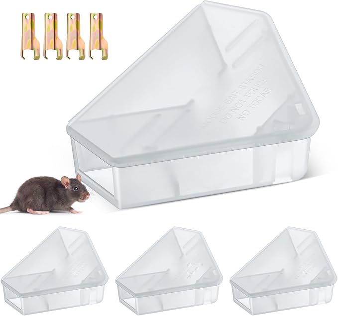Qualirey 4 Pcs Mice Station with Key Triangle Bait Station Reusable Rodent Trap Bait Box, Keeps