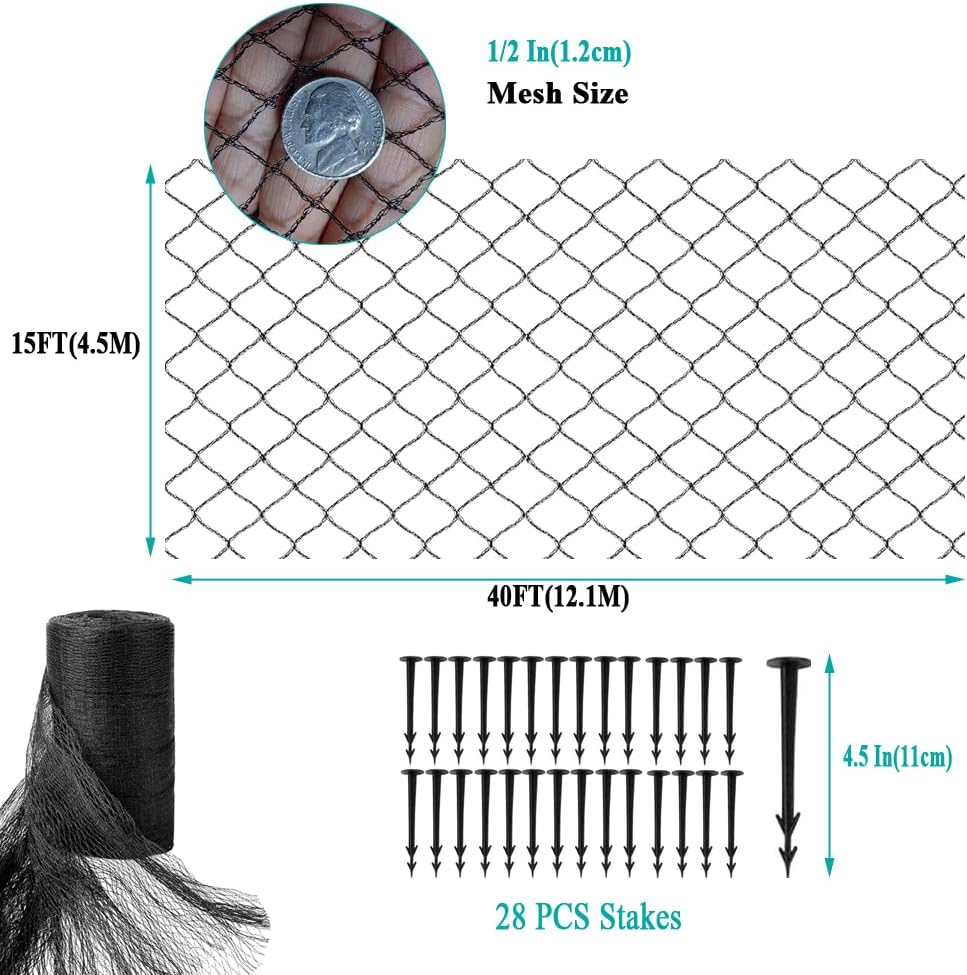 Koi Pond Netting for Leaves 15x40 Ft, 1/2 in Strong Woven Fine Mesh Pond Leaf Net Cover, Protecting