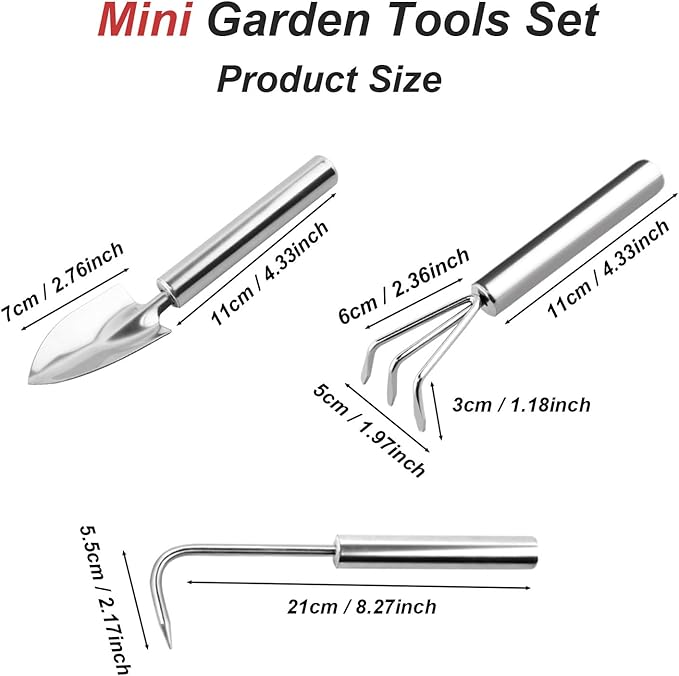 3 Pcs Stainless Steel Mini Garden Tools Set Small Tiny Shovel Trowel Root Extractor Hand Rake