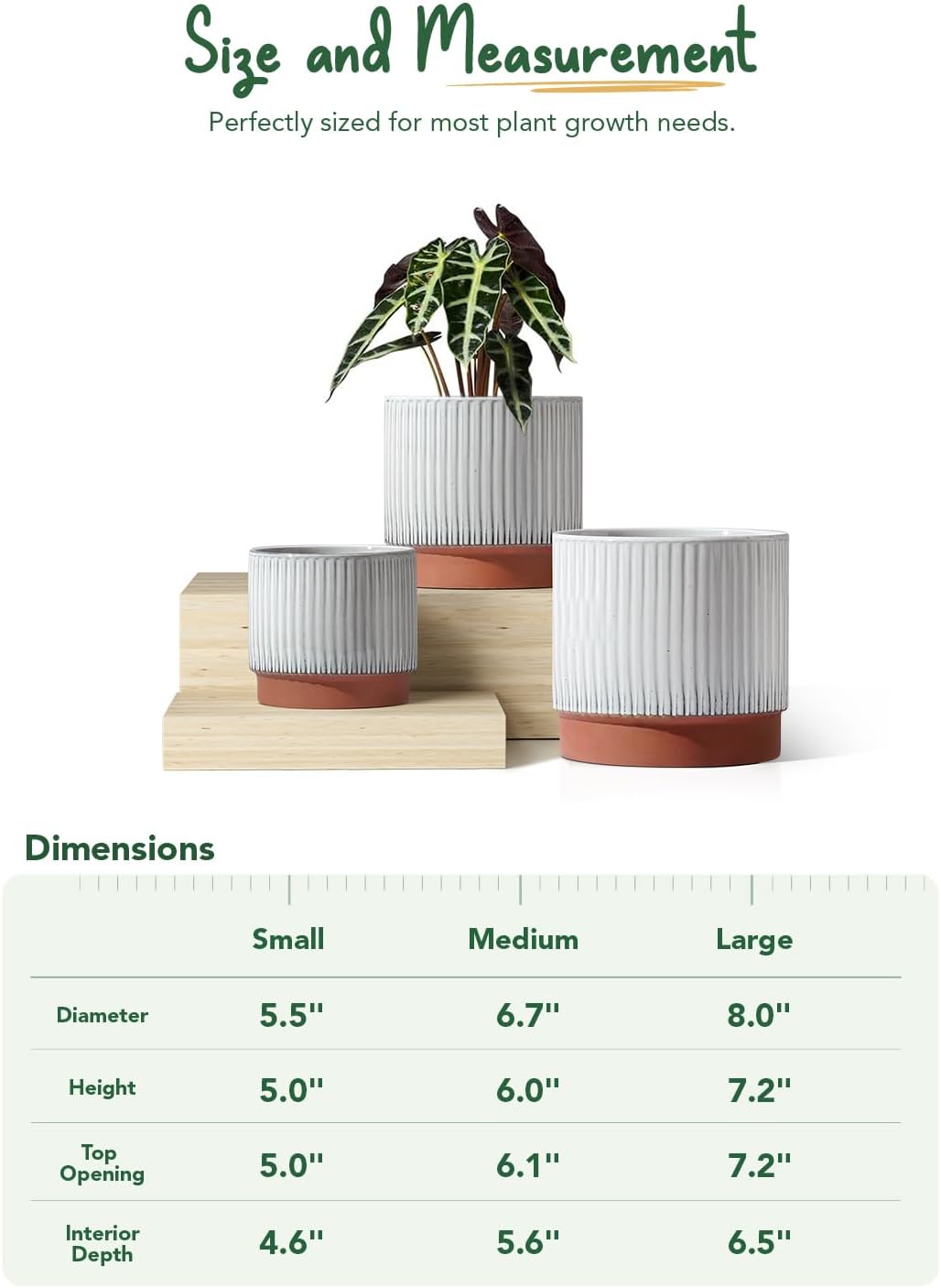 LE TAUCI Ceramic Pots for Plants, 8+6.7+5.5 Inch Plant Pots Indoor, Flower Pot with Drainage Holes