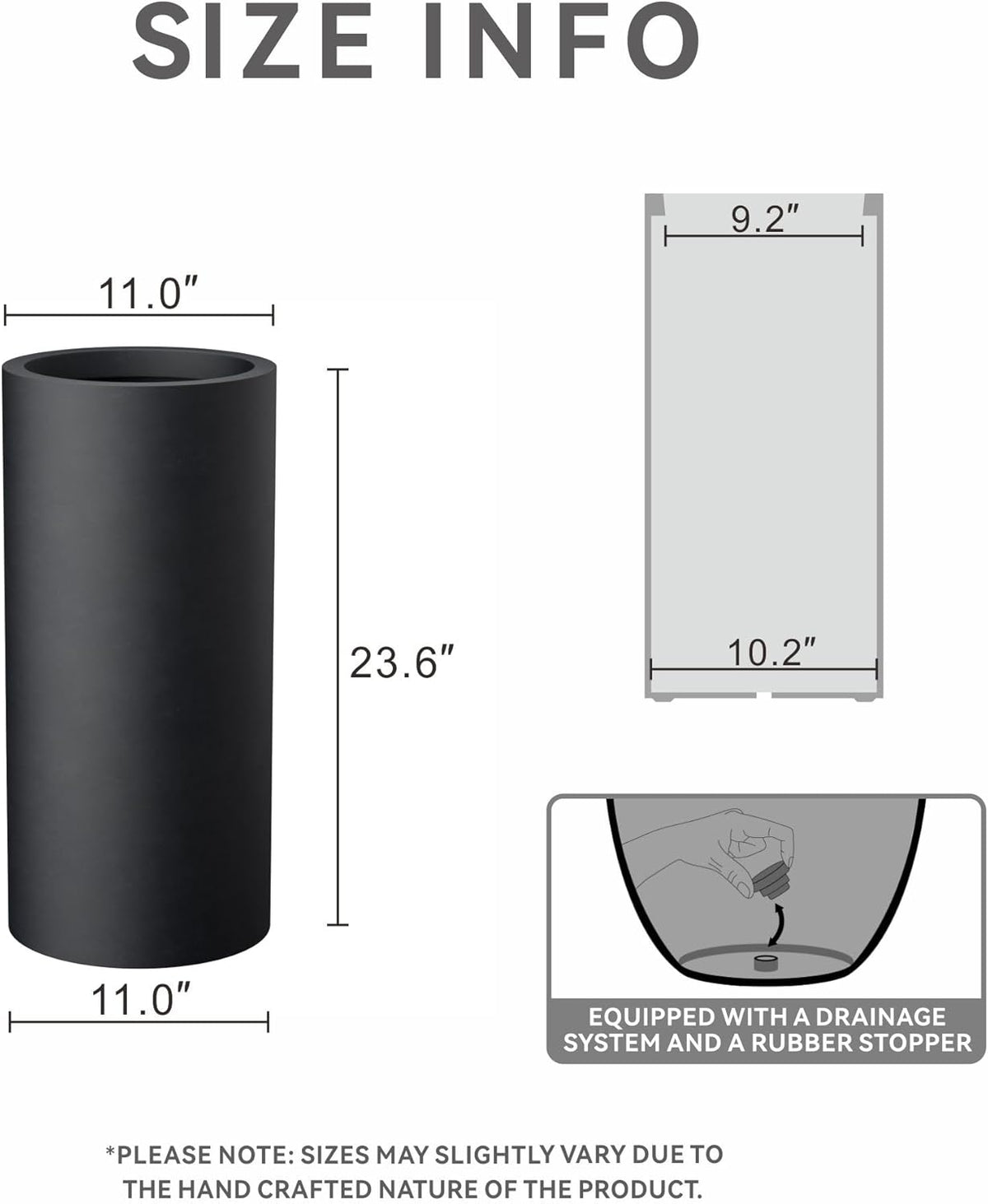 Kante 23.6 Inch Tall Cylindrical Planter, Large Round Plant Pots with Drainage Hole, Made with