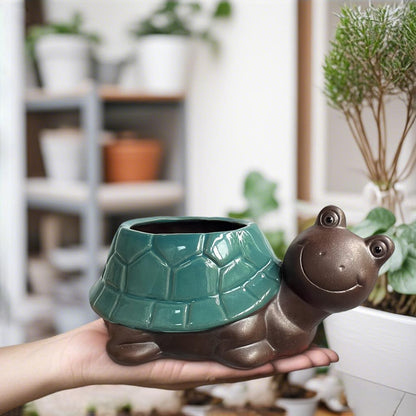 MUZHI Ceramic Bonsai Pot with Bamboo Tray SmilingTurtle Shape, Cute Animal Succulent Cactus Planter