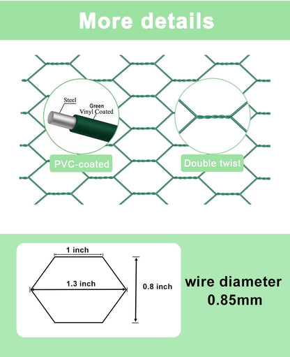 vensovo Green Chicken Wire for Crafts – 13.7"×236" PVC Coated Hexagonal Mesh Roll, cuttable and