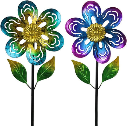 Viveta 2 Pack Wind Spinners,Flower Garden Sculpture, Metal Windmill, Green and Purple Pinwheels for