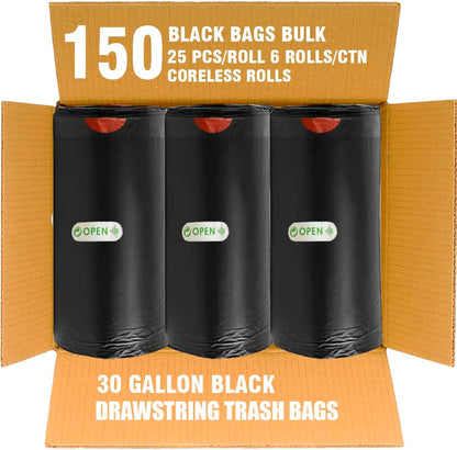 30 Gallon Trash Bags Drawstring, 150 Count Bulk, Black | Unscented | Heavy Duty Multi-purpose